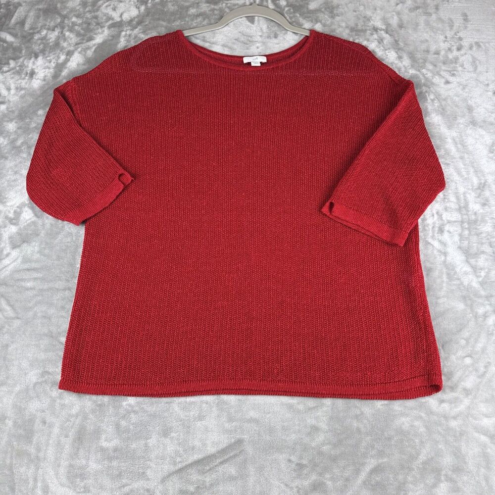 J.Jill Open Knit Tunic Women's PL Red Boat Neck Linen Blend 3/4 Sleeve (1072)